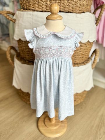 Petit Bebe Knit Blue Floral Smocked Dress
