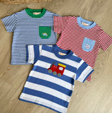 Luigi Kids Dark Chambray Stripe Dino Pocket Tee