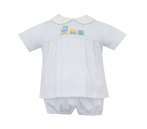 Petit Bebe Knit Blue Gingham Train Diaper Set