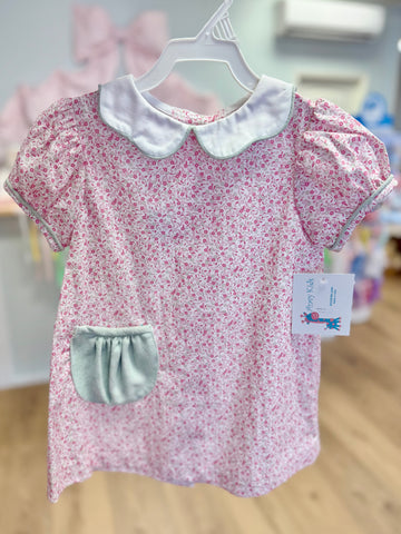 Anvy Kids Pink Floral & Sage Pocket Dress