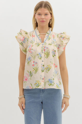 Cream Botanical Flutter Top