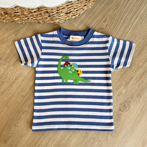 Luigi Kids Dark Chambray Stripe Dino & Cars Tee