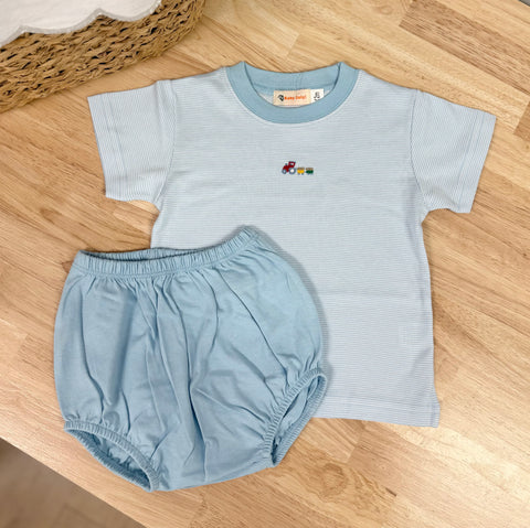 Luigi Kids Powder Blue Stripe Tractor Diaper Set