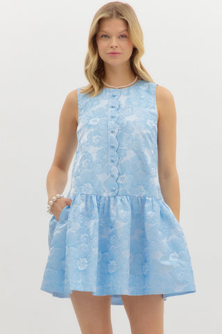 Light Blue Floral Jaquard Scallop Front Dress
