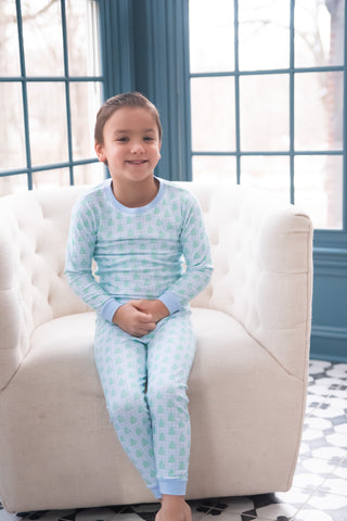 James & Lottie Knit Blue Gingham Christmas Tree Lounge Set