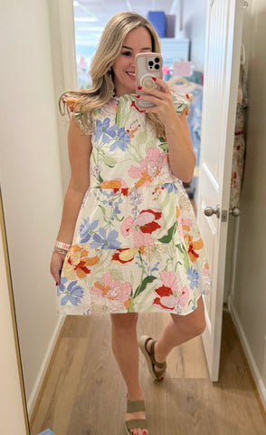 Bright Floral Flutter Sleeve Dress