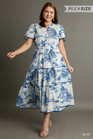 *Curvy* Blue Toile Smocked Waist Dress