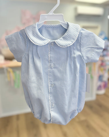 Anvy Kids Blue Check Button Front Lace Tatting Bubble