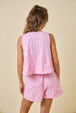 Light Pink Sleeveless Contrast Line Stitch Short Set