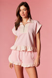 Light Pink Quarter Zip Short Set w/ Stripe Trim