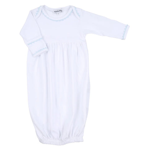 Magnolia Baby Baby Joy Crochet Trim Gathered Gown- Blue
