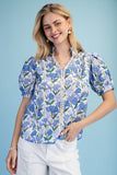 Blue Floral Lace Trim Top