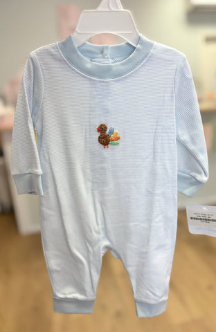 Petit Bebe Knit Blue Stripe Turkey Long Romper