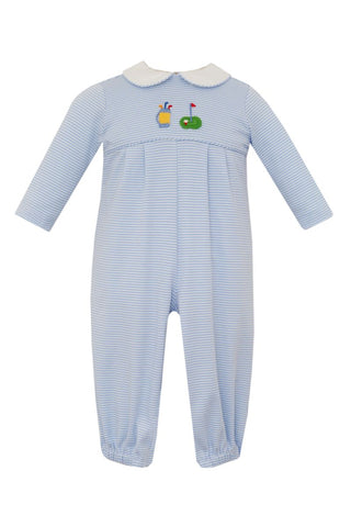 Petit Bebe Knit Blue Stripe Crochet Golf Romper