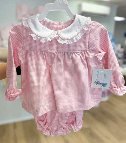 Anvy Kids Pink Check Eyelet Lace Collar Bloomer Set