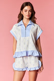 Blue Floral Stripe Quarter Zip Short Set
