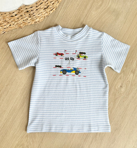 Squiggles by Charlie Blue Stripe Race Cars T Shirt