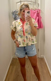 Pink Floral Puff Sleeve Spring Floral Peplum Top