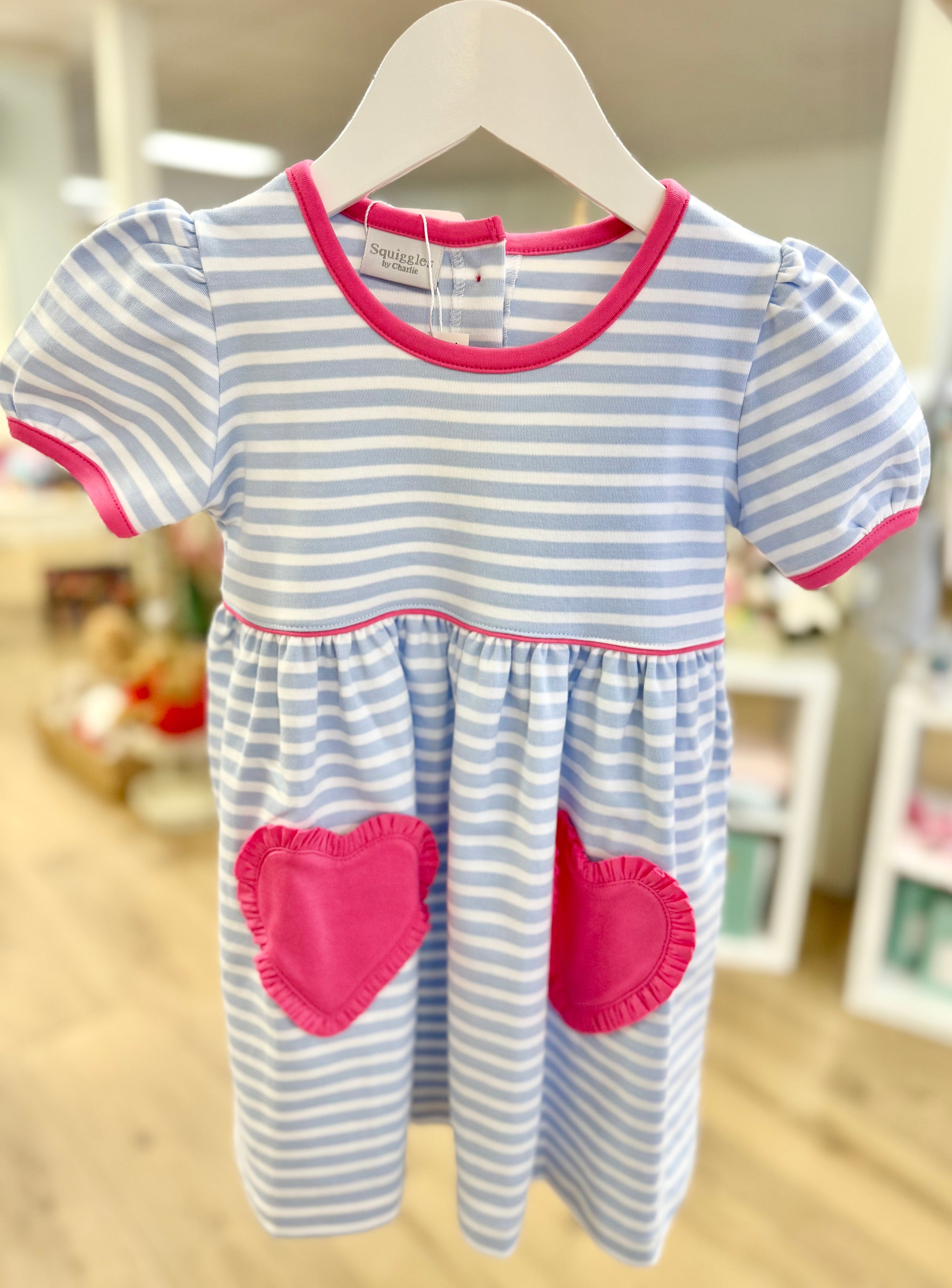 Squiggles by Charlie Wide Blue Stripe/ Hot Pink Popover Dress Pink Sheep Boutique Squiggles by Charlie Wide Blue Stripe/ Hot Pink Popover Dress Pink Sheep Boutique