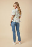 Pink Floral Puff Sleeve Spring Floral Peplum Top