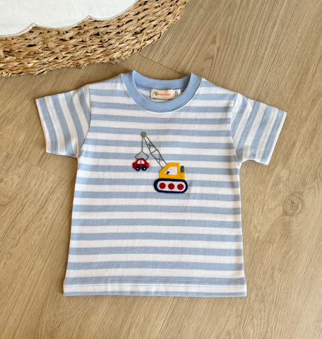 Luigi Kids Sky Blue Stripe Crane & Car Tee