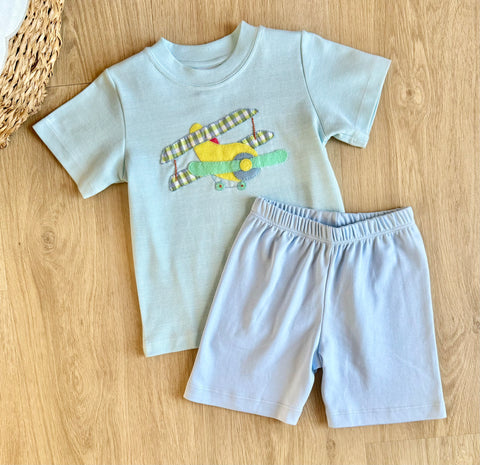 Squiggles by Charlie Aqua Mini Stripe Airplane Short Set