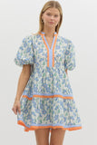 Blue & Orange Bubble Sleeve Dress