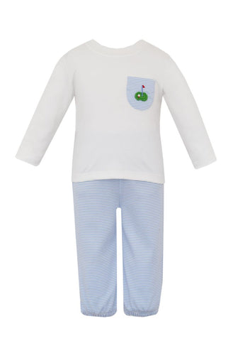 Petit Bebe Knit Blue Stripe Crochet Golf Bloomer Pant Set