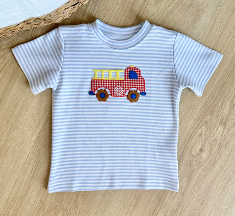 Squiggles by Charle Blue Stripe Fire Truck Short Sleeve Tee