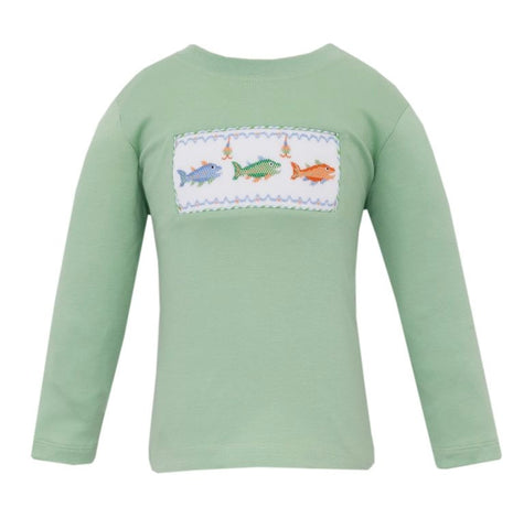 Anavini Sage Green Smocked Trout Long Sleeve Tee