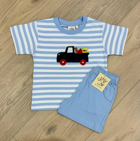 Luigi Kids Sky Blue Stripe School Truck Short Set