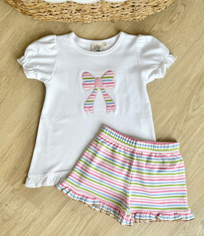 Luigi Kids White & Candy Stripe Bow Short Set