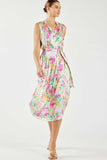 Sleeveless Tie Waist Floral Silk Dress