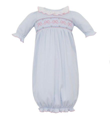 Petit Bebe Knit Light Blue Smocked Bow Gown