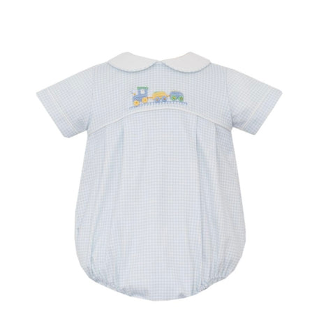 Petit Bebe Knit Blue Gingham Train Bubble