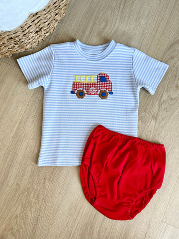 Squiggles by Charlie Blue Stripe Fire Truck Bloomer Set