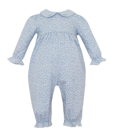 Petit Bebe Knit Blue Liberty Embroidered Collar Long Romper