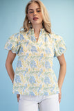 Misty Blue & Yellow Floral Puff Sleeve Top