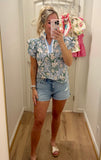 Blue Floral Ruffle Sleeve Top