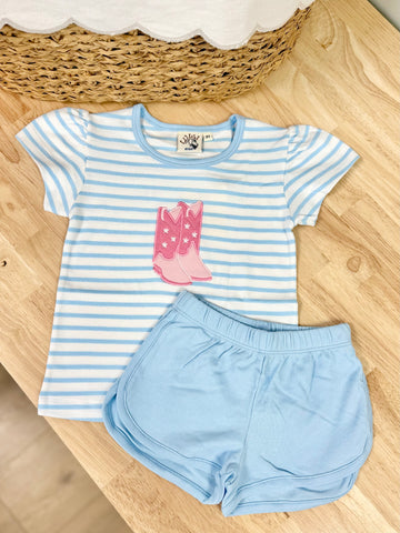 Luigi Kids Blue Stripe Cowgirl Boot Athletic Short Set