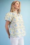 Misty Blue & Yellow Floral Puff Sleeve Top
