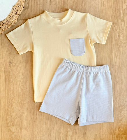 Squiggles by Charlie Pale Yellow/Blue Mini Stripe Short Set