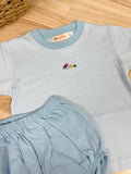 Luigi Kids Powder Blue Stripe Tractor Diaper Set