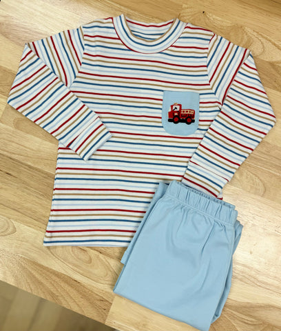 Squiggles by Charlie Maroon Multi Stripe Firetruck Pocket Tee