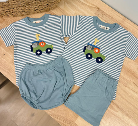 Luigi Kids Steel Blue Stripe Safari Jeep Set (Bloomers & Short)