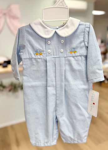 Petit Ami Blue Mini Gingham Car Long Romper