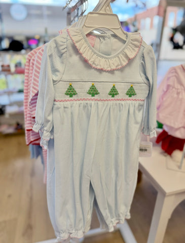 Petit Bebe Knit Blue Gingham Christmas Girls Long Romper