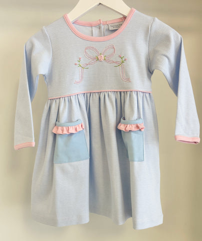 Squiggles by Charlie Blue Mini Stripe Hand Embroidered Bow Dress