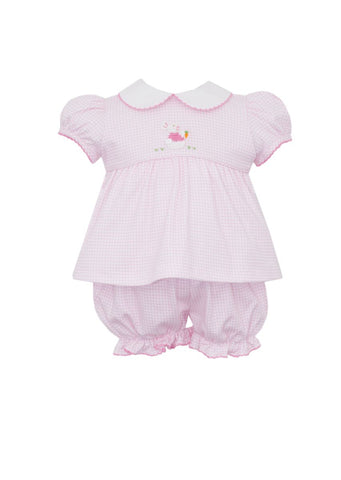 Petit Bebe Knit Pink Gingham Crochet Bunny Gingham Bloomer Set