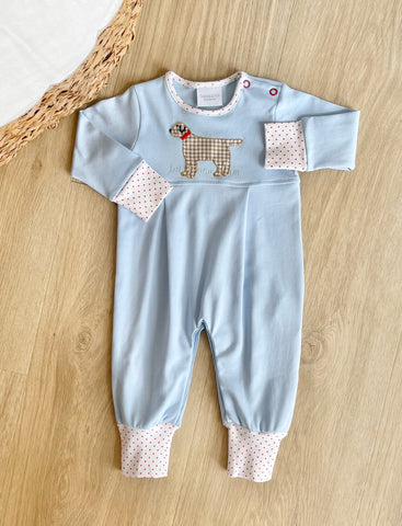 Squiggles by Charlie Pale Blue & Red Dot Lab Long Romper